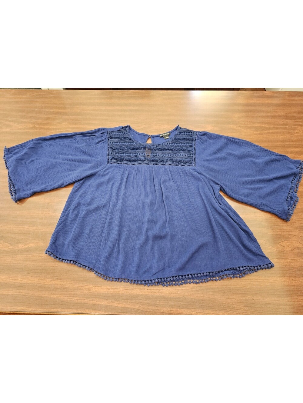 New Directions Blue Boho Blouse M Crochet Lace Yoke Pom Pom Trim Festival Top